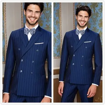 Нови модни мъжки костюми Slim Fit в синята лента, 2 бр., смокинги по поръчка, двубортные костюми Terno Masculino, смокинги, яке + панталон