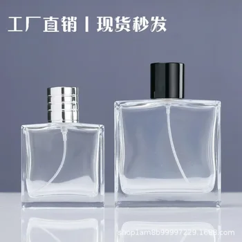 флакони за еднократна употреба с обем 50 мл / 100 мл Флакон за парфюм от плосък квадратен от прозрачно стъкло с фин спрей преносим флакон за парфюм
