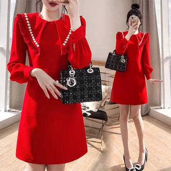 Червена рокля Макси за годеж Шаферките 2023, Ново есенно-зимния женствена рокля оверсайз в корейски стил с дълъг ръкав и кристали.