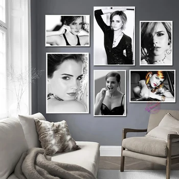Черно-бял портрет на актрисата Ема Уотсън, платно с висока разделителна способност, стенно изкуство, гравюра, модерна уютна стая, оформяне на бара