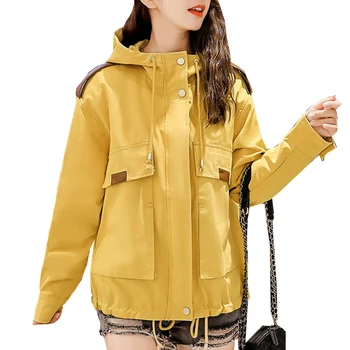 Яке с качулка, женски Свободно палто с големи джобове, Жълто-зелен цвят Каки, Пролетно Ветровка Оверсайз, Стилни ежедневни дамски дрехи